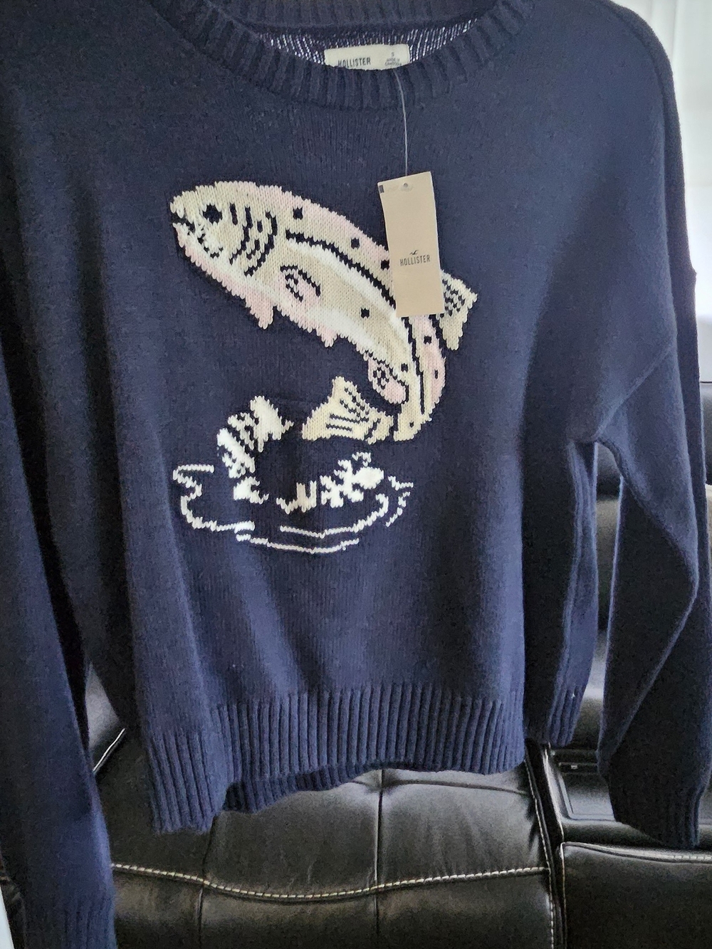 Hollister Navy Crewneck Sweater with Cream & Light Pink Fish Motif
